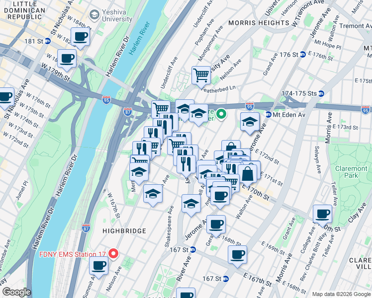 map of restaurants, bars, coffee shops, grocery stores, and more near 1391 Shakespeare Avenue in Bronx