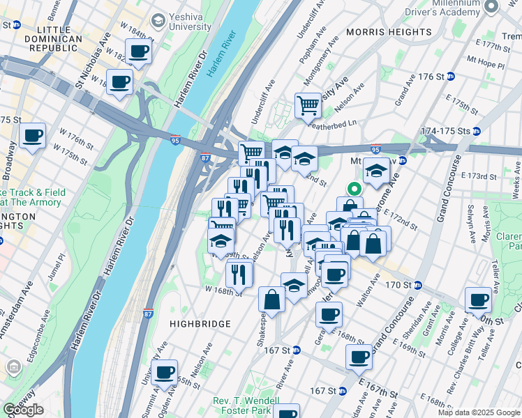 map of restaurants, bars, coffee shops, grocery stores, and more near 1378 Plimpton Avenue in The Bronx