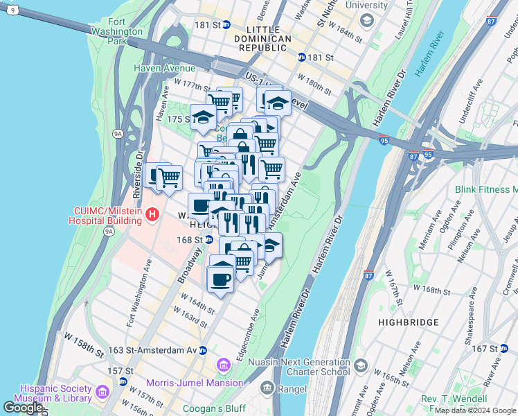 map of restaurants, bars, coffee shops, grocery stores, and more near 508 West 171st Street in New York