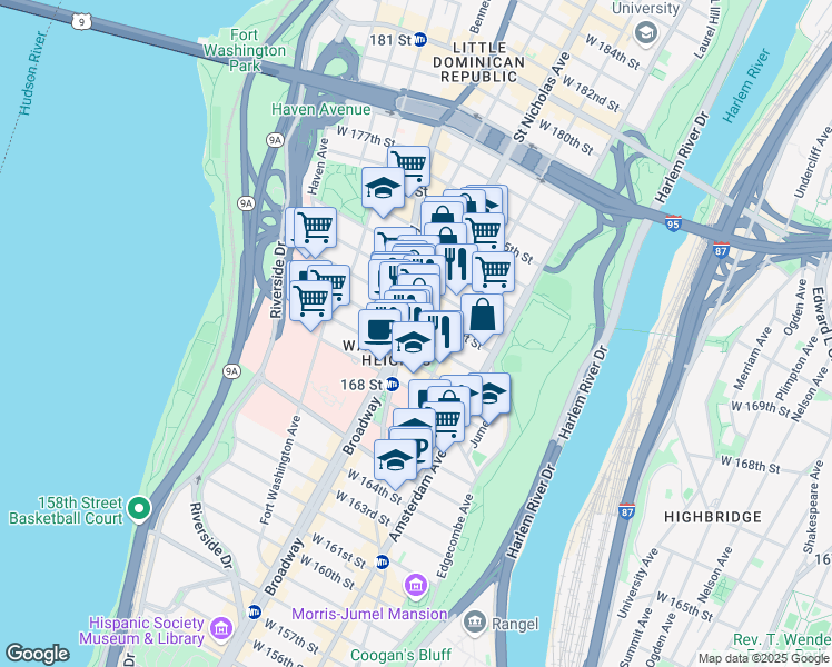 map of restaurants, bars, coffee shops, grocery stores, and more near 555 West 170th Street in New York