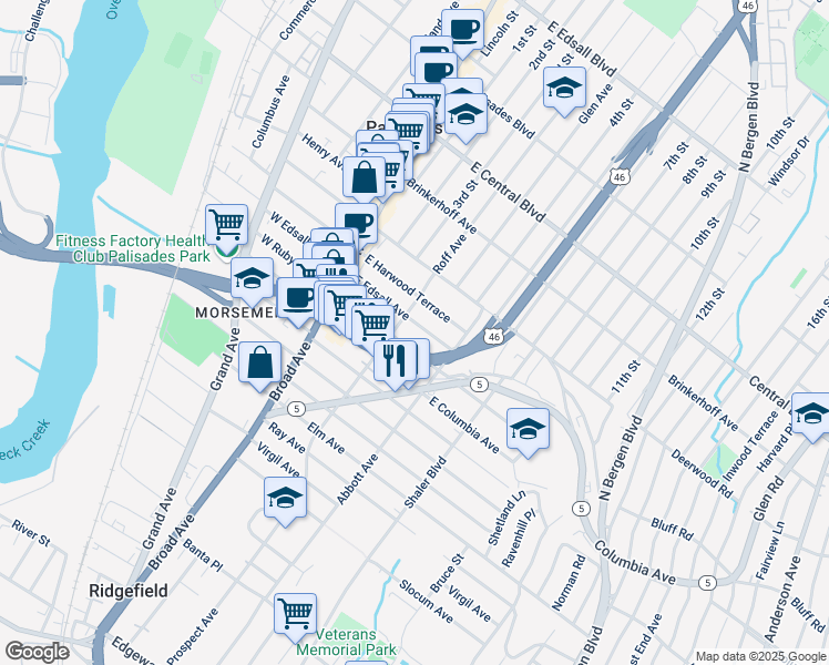 map of restaurants, bars, coffee shops, grocery stores, and more near in Palisades Park