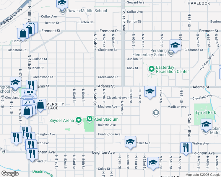 map of restaurants, bars, coffee shops, grocery stores, and more near 2933 North 58th Street in Lincoln