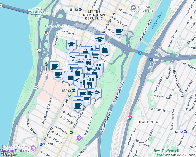 map of restaurants, bars, coffee shops, grocery stores, and more near 500 West 172nd Street in New York