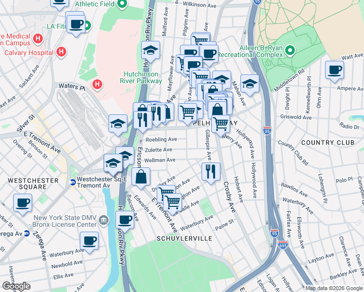 map of restaurants, bars, coffee shops, grocery stores, and more near 2900 Zulette Avenue in Bronx