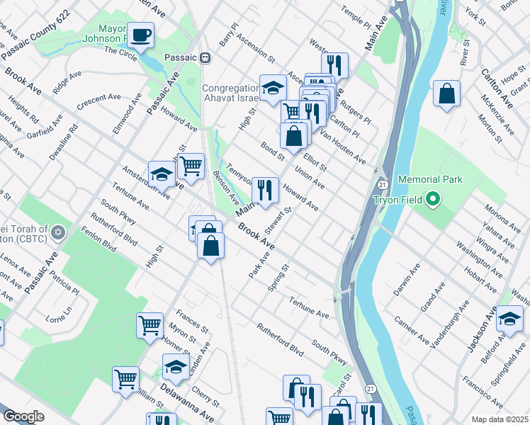 map of restaurants, bars, coffee shops, grocery stores, and more near 34 Stewart Street in Passaic