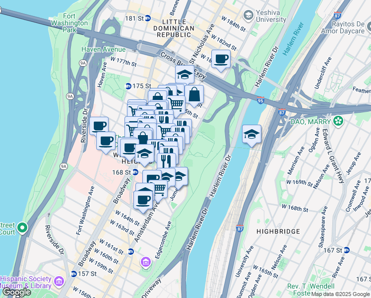 map of restaurants, bars, coffee shops, grocery stores, and more near Amsterdam Avenue & West 172nd Street in New York
