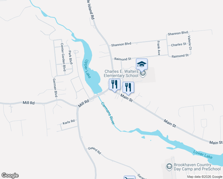 map of restaurants, bars, coffee shops, grocery stores, and more near 342 Main Street in Yaphank