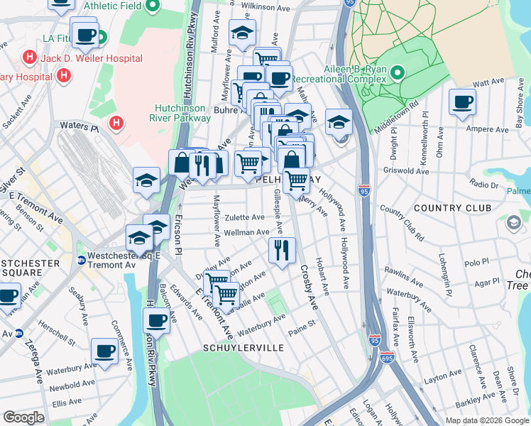 map of restaurants, bars, coffee shops, grocery stores, and more near 2936 Zulette Avenue in The Bronx