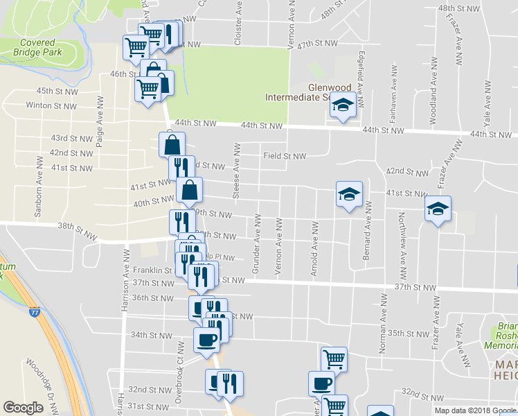 map of restaurants, bars, coffee shops, grocery stores, and more near 3954 Grunder Avenue Northwest in Canton