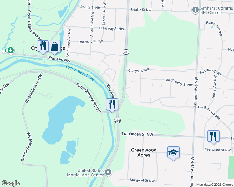 map of restaurants, bars, coffee shops, grocery stores, and more near 4194 Greenway Trail Street Northwest in Massillon