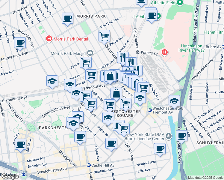 map of restaurants, bars, coffee shops, grocery stores, and more near 2522 Maclay Avenue in Bronx