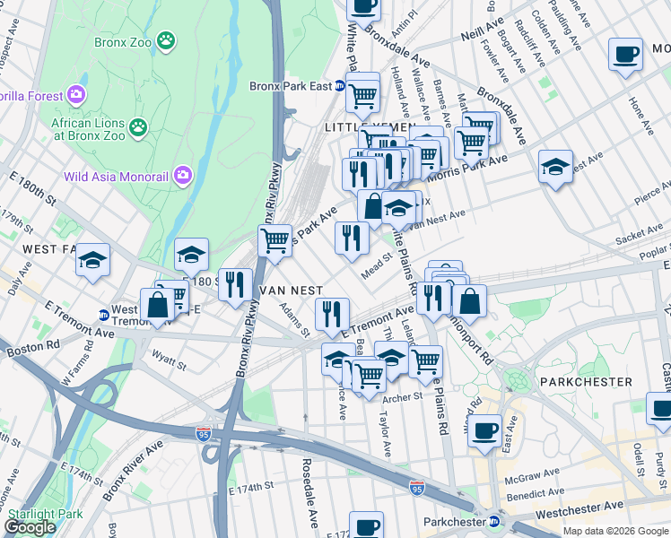 map of restaurants, bars, coffee shops, grocery stores, and more near 565 Van Nest Avenue in The Bronx