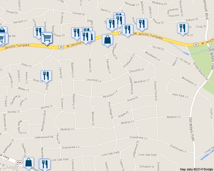 map of restaurants, bars, coffee shops, grocery stores, and more near 50 Churchill Lane in Smithtown