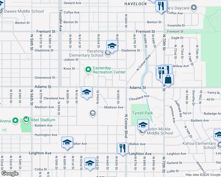 map of restaurants, bars, coffee shops, grocery stores, and more near 2934 North 64th Street in Lincoln