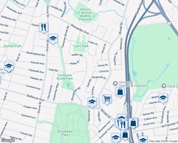map of restaurants, bars, coffee shops, grocery stores, and more near 64 Woodmont Road in Montclair