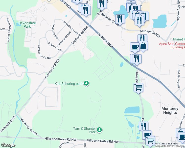 map of restaurants, bars, coffee shops, grocery stores, and more near 4866 Fulton Drive Northwest in Canton