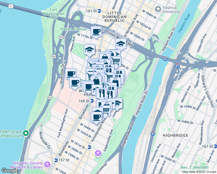 map of restaurants, bars, coffee shops, grocery stores, and more near 551 West 171st Street in New York