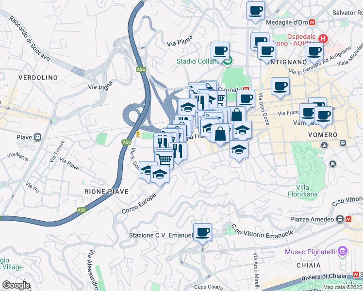 map of restaurants, bars, coffee shops, grocery stores, and more near 217 Via Francesco Cilea in Naples