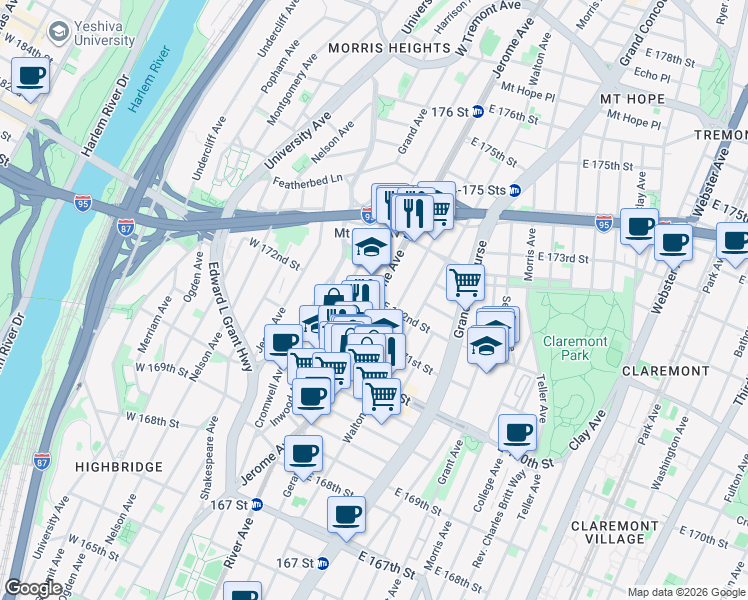 map of restaurants, bars, coffee shops, grocery stores, and more near Jerome Ave & W 172nd St in Bronx