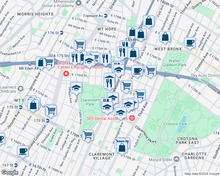 map of restaurants, bars, coffee shops, grocery stores, and more near 1638 Anthony Avenue in The Bronx