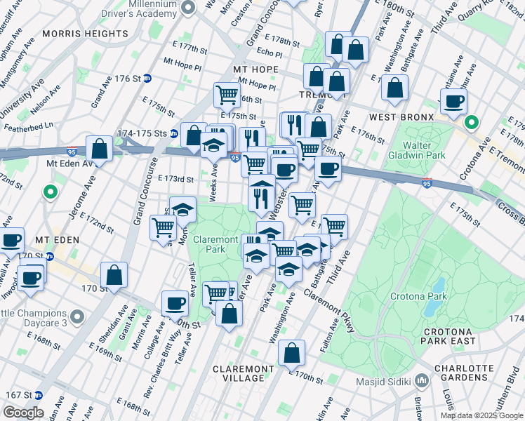 map of restaurants, bars, coffee shops, grocery stores, and more near 1638 Anthony Avenue in The Bronx