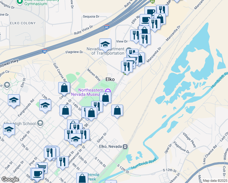 map of restaurants, bars, coffee shops, grocery stores, and more near 1515 Idaho Street in Elko