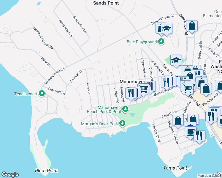 map of restaurants, bars, coffee shops, grocery stores, and more near 27 Juniper Road in Port Washington
