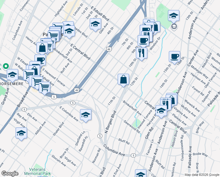 map of restaurants, bars, coffee shops, grocery stores, and more near 316A Brinkerhoff Avenue in Palisades Park