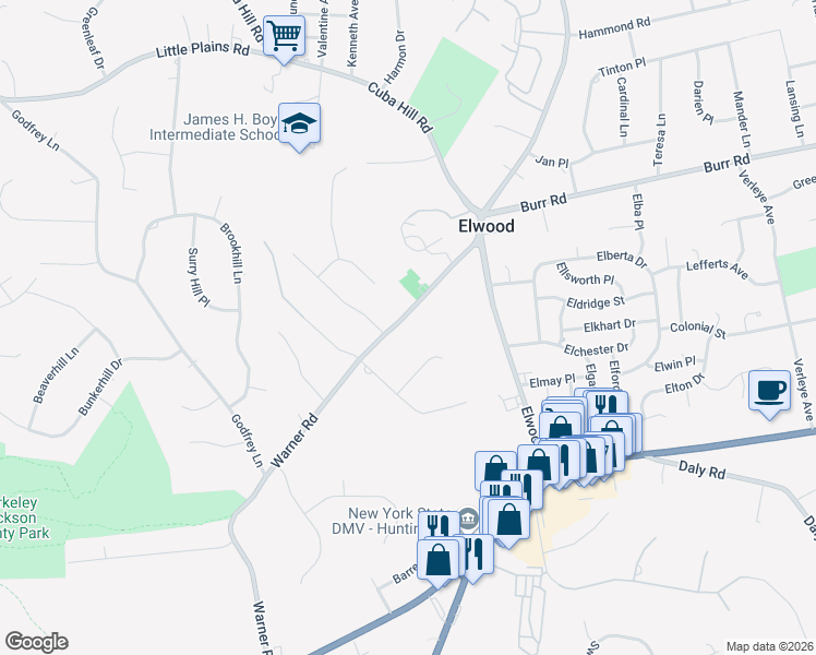 map of restaurants, bars, coffee shops, grocery stores, and more near 42 Warner Road in Huntington