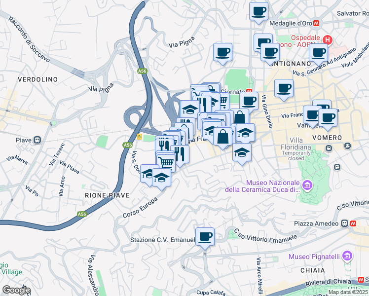map of restaurants, bars, coffee shops, grocery stores, and more near 217 Via Francesco Cilea in Naples
