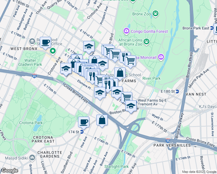 map of restaurants, bars, coffee shops, grocery stores, and more near 1973 Daly Avenue in The Bronx