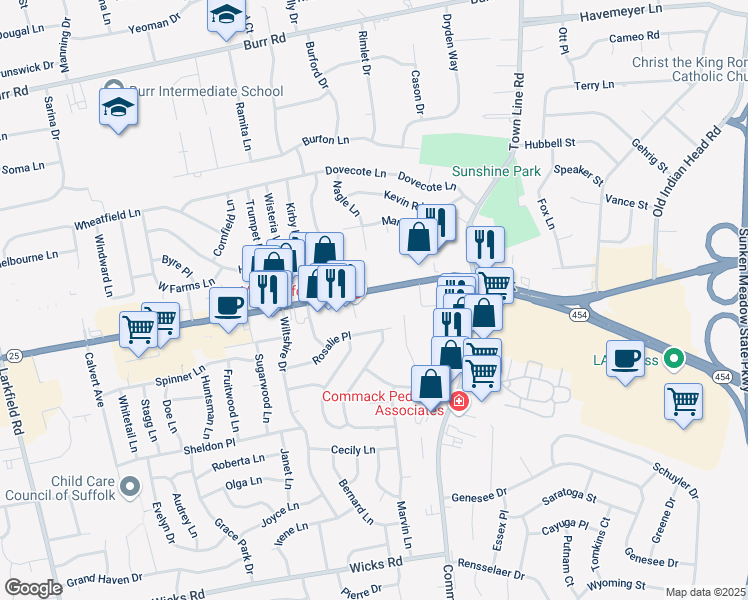 map of restaurants, bars, coffee shops, grocery stores, and more near 6270 Jericho Turnpike in Commack