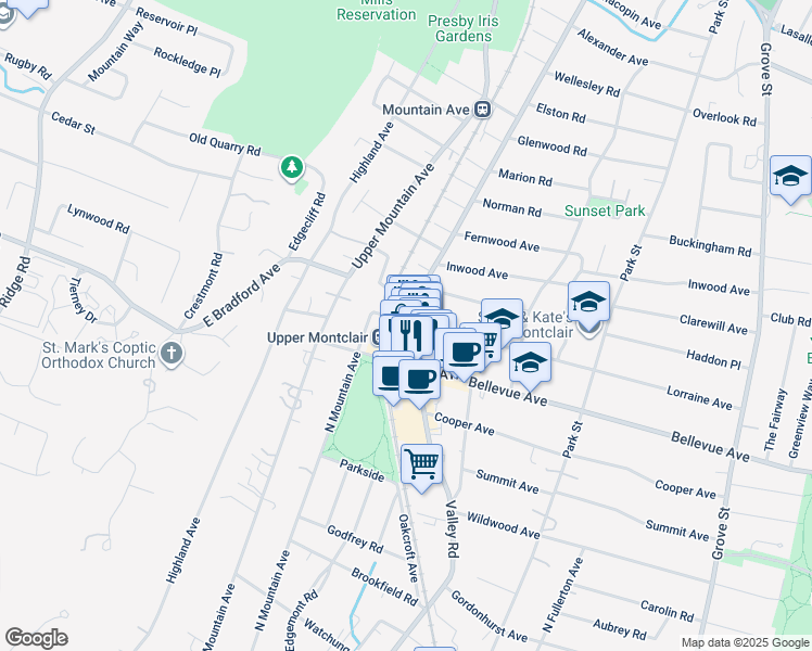 map of restaurants, bars, coffee shops, grocery stores, and more near 623 Valley Road in Montclair