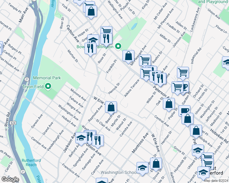 map of restaurants, bars, coffee shops, grocery stores, and more near 81 Glenn Court in East Rutherford