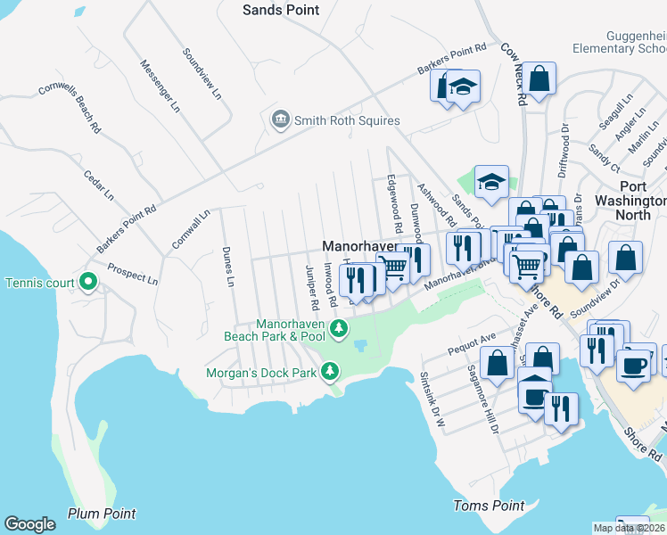 map of restaurants, bars, coffee shops, grocery stores, and more near 16 Inwood Road in Port Washington