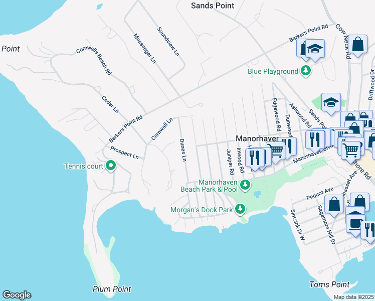 map of restaurants, bars, coffee shops, grocery stores, and more near 19 Marwood Road North in Port Washington