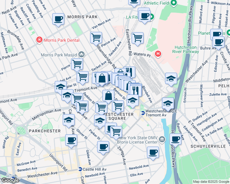 map of restaurants, bars, coffee shops, grocery stores, and more near in The Bronx