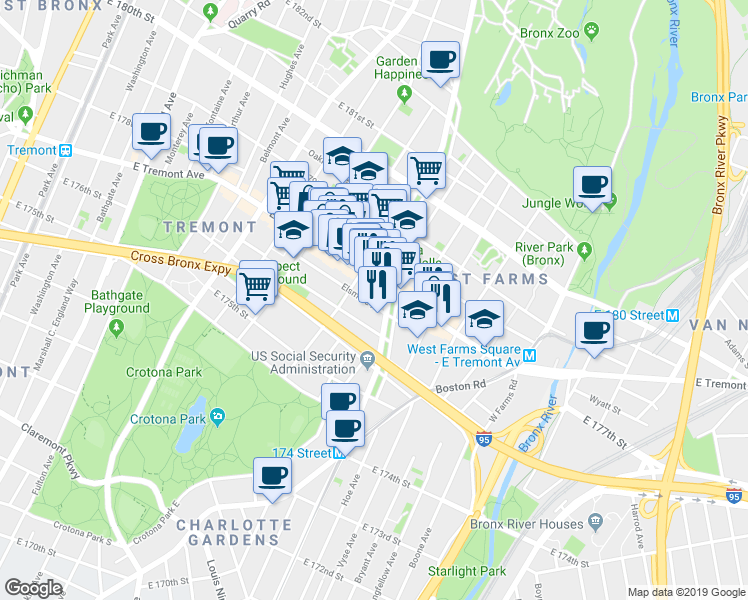 map of restaurants, bars, coffee shops, grocery stores, and more near 867 Fairmount Place in The Bronx