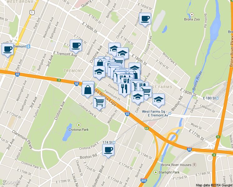 map of restaurants, bars, coffee shops, grocery stores, and more near 867 Fairmount Place in The Bronx