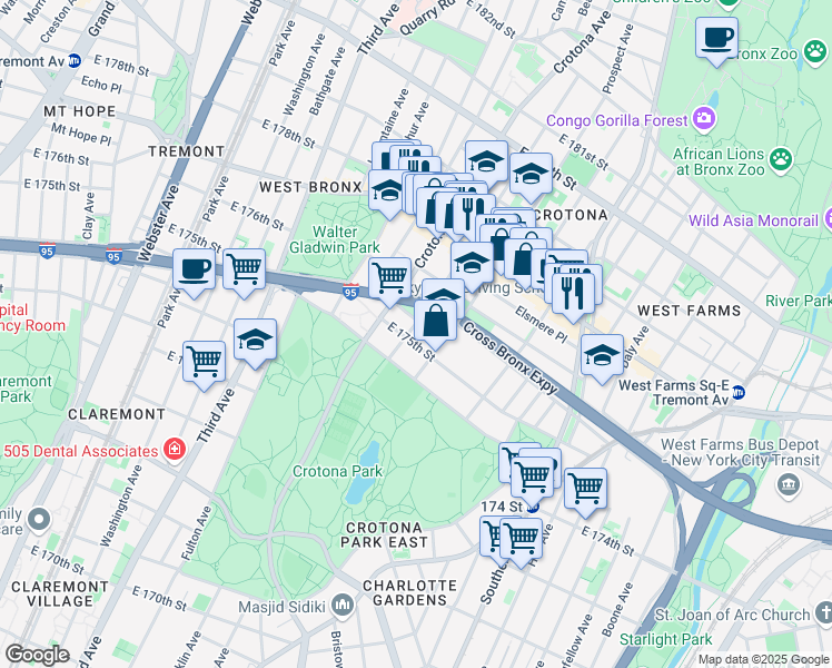map of restaurants, bars, coffee shops, grocery stores, and more near 1815 Prospect Avenue in Bronx