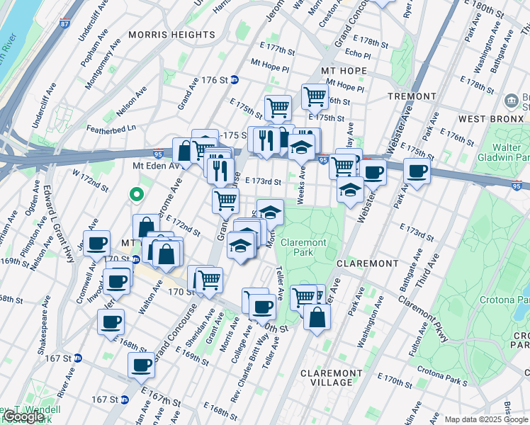 map of restaurants, bars, coffee shops, grocery stores, and more near 1540 Morris Avenue in Bronx