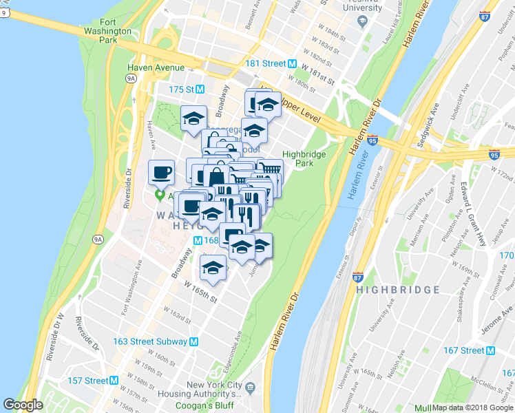 map of restaurants, bars, coffee shops, grocery stores, and more near 508 West 171st Street in New York