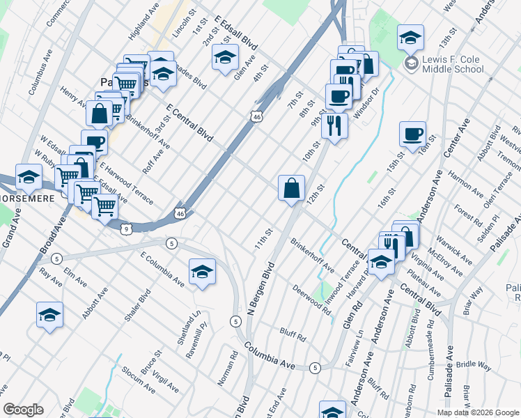 map of restaurants, bars, coffee shops, grocery stores, and more near 316A Brinkerhoff Avenue in Palisades Park