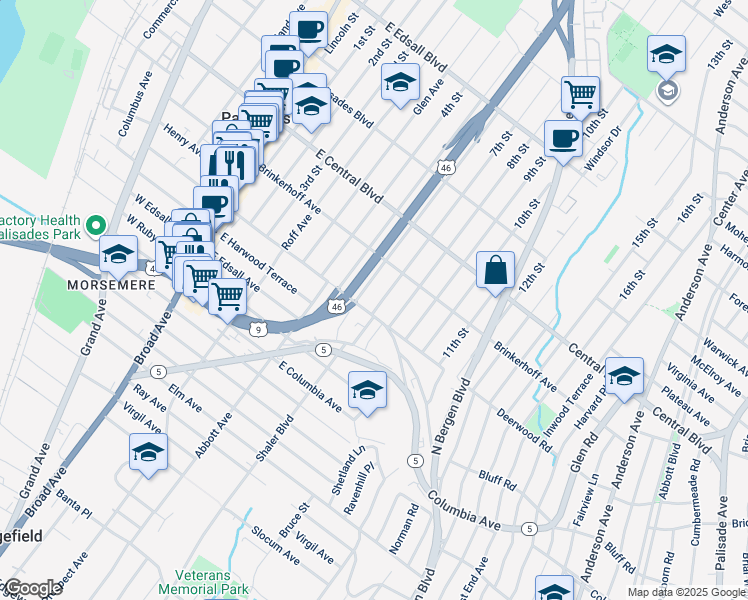 map of restaurants, bars, coffee shops, grocery stores, and more near 231 East Homestead Avenue in Palisades Park