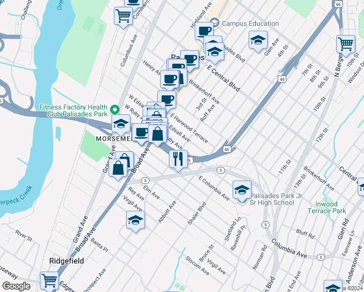 map of restaurants, bars, coffee shops, grocery stores, and more near in Palisades Park