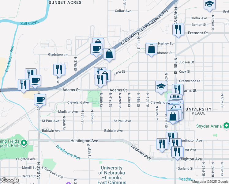 map of restaurants, bars, coffee shops, grocery stores, and more near 2930 North 42nd Street in Lincoln