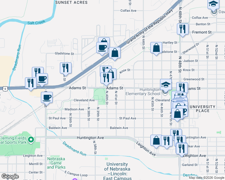 map of restaurants, bars, coffee shops, grocery stores, and more near 2927 North 41st Street in Lincoln