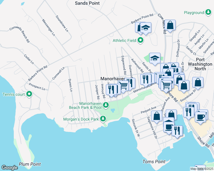 map of restaurants, bars, coffee shops, grocery stores, and more near 29 Hickory Road in Port Washington