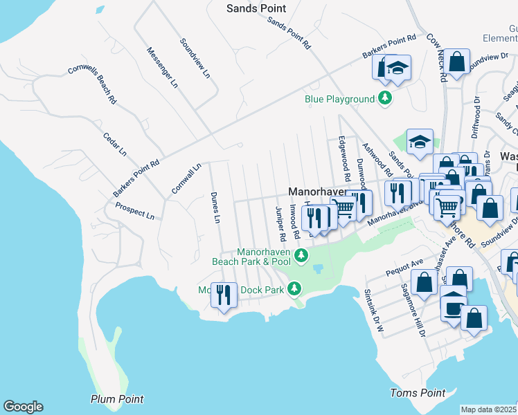 map of restaurants, bars, coffee shops, grocery stores, and more near 24 Linwood Road North in Port Washington