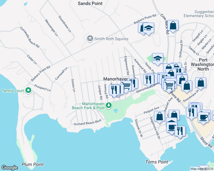 map of restaurants, bars, coffee shops, grocery stores, and more near 16 Inwood Road in Port Washington